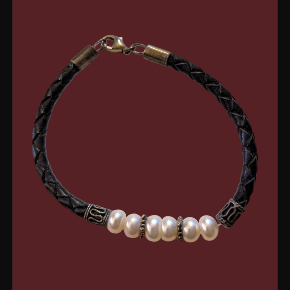 925 Sterling Silver Natural Pearl Braided Leather Size 7 Bracelet